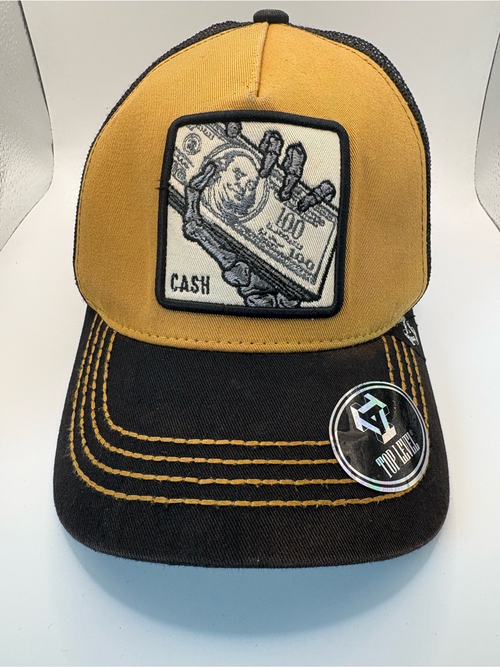 Top Level Cash $100 Bill Money Trucker Snapback Hat Black Gold New